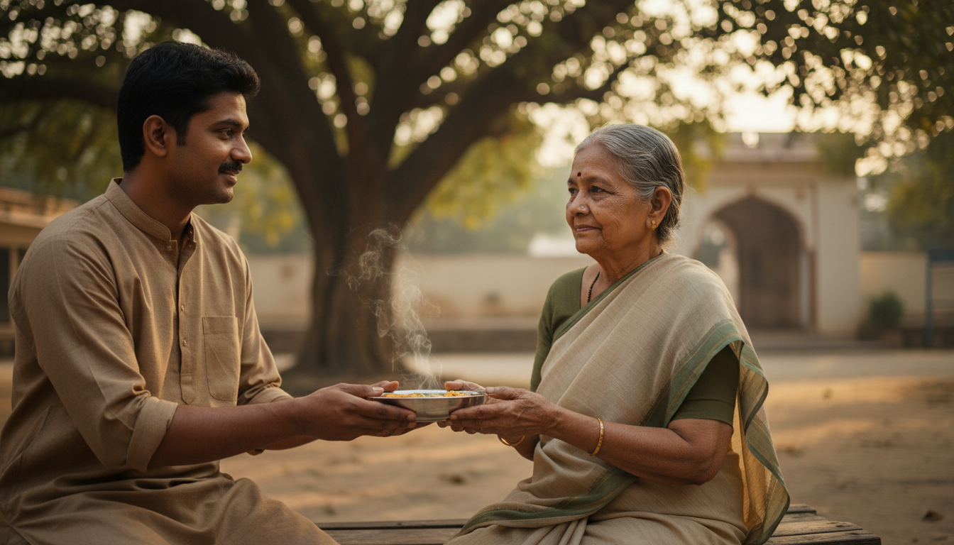 Volunteers serving food from brass pots to a line of community members in golden afternoon light