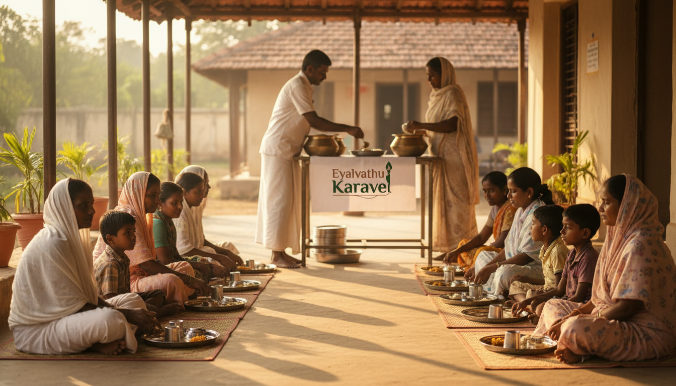Community members seated in rows sharing a meal at an outdoor distribution with Eyalvathu Karavel banner